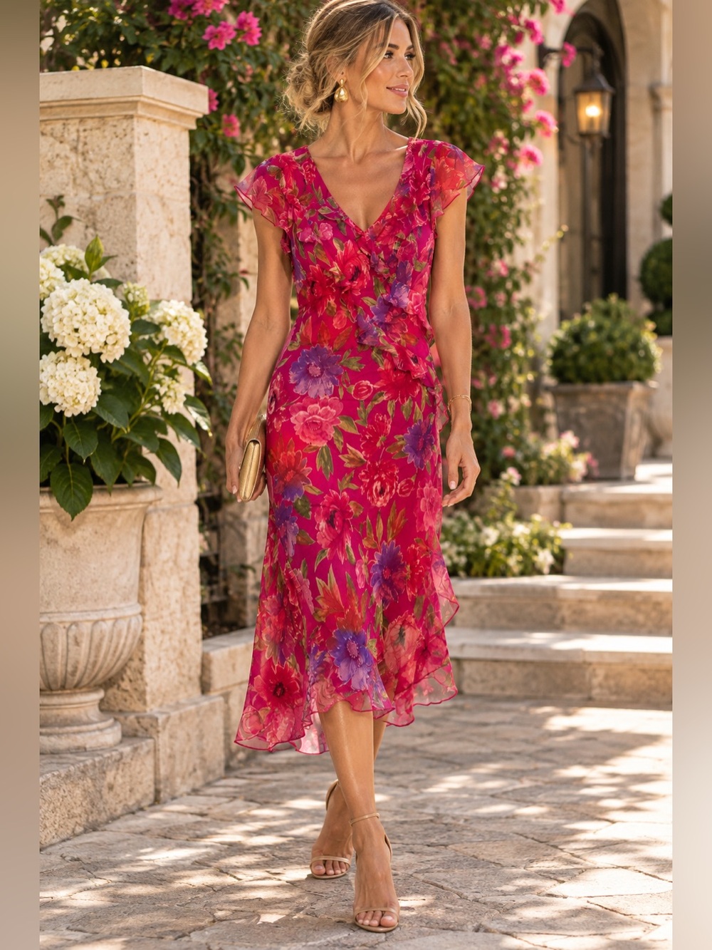 Vintage 90s Robbie Bee 100% Silk Floral Ruffle Midi Dress Size 8/10